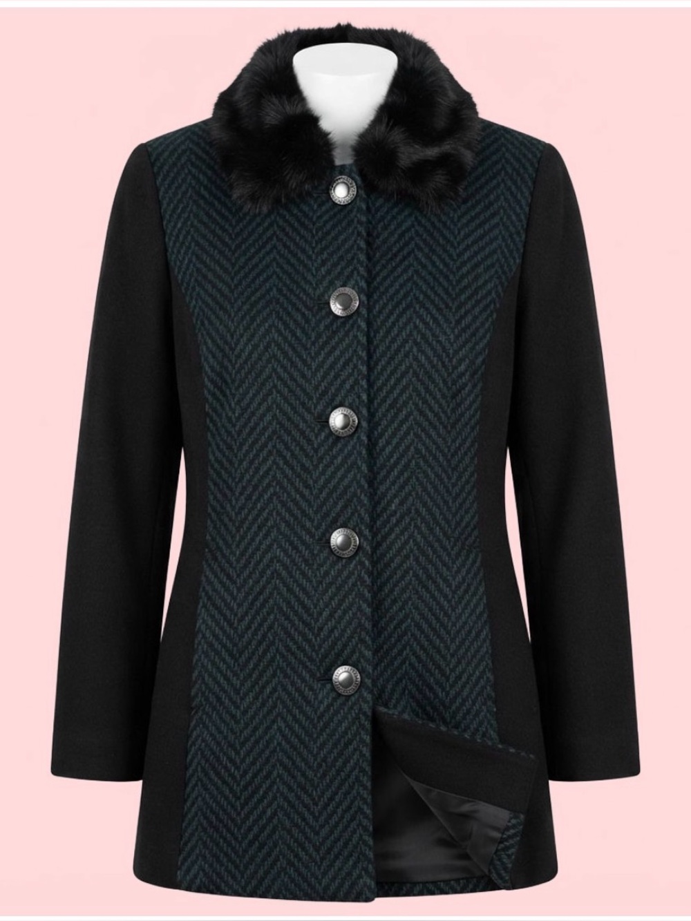 🖤 Bob Mackie Wearable Art Teal Herringbone Faux Fur Collar Coat XL 🖤